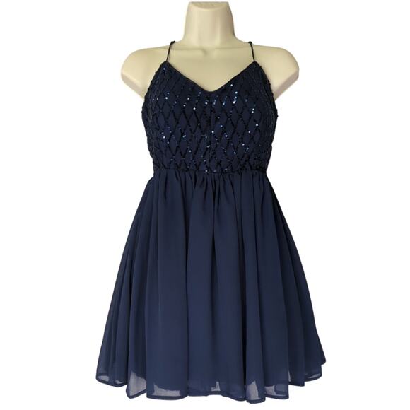 Trixxi Navy Sequin Bodice Spaghetti Strap  Semi Formal Small Homecoming  Dress - Picture 1 of 7